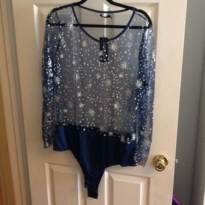NEVER BEEN WORN navy mesh glitter bodysuit